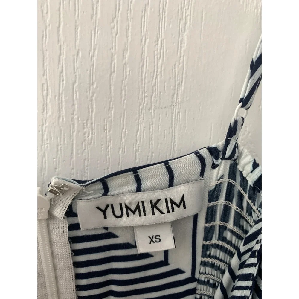 Yumi Kim Navy White Geometric Stripe Tie Front Midi Dress XS Pocket Smocked Back - Picture 8 of 13